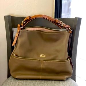 Tan, over the shoulder, large. Well loved, lots of life left